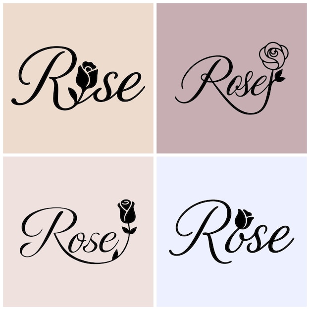 Elegantes logotipos de rosas en tipografía caligráfica