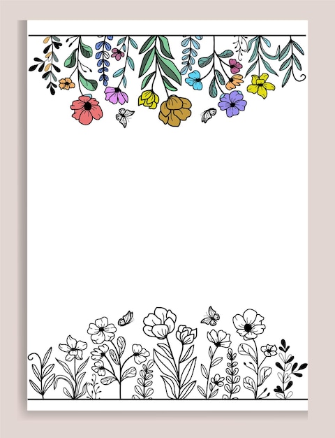 Elegantes marcos con plantillas de flores y hojas dibujadas a mano en estilo de línea