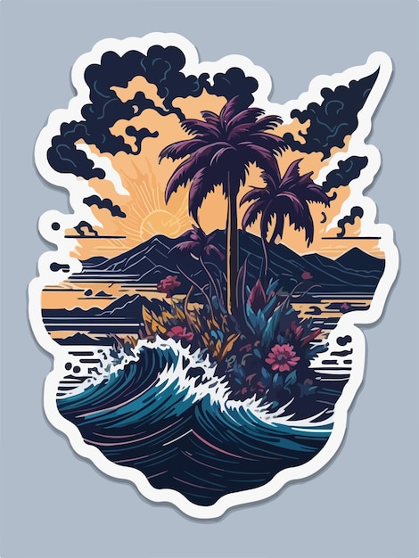 Elegantes palmeras se balancean contra un impresionante telón de fondo de la isla mientras las olas del mar besan suavemente la orilla