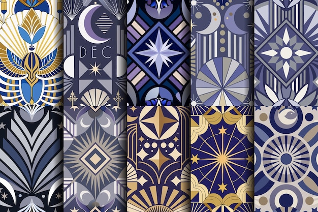 Elegantes patrones geométricos en oro azul y negro que muestran el estilo art déco