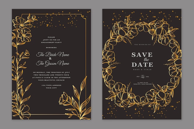 Elegantes plantillas de diseño de tarjeta de invitación de boda floral dorada