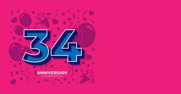 Elegantes puntos rosados y azules 34 años Feliz aniversario o cumpleaños Banner vectorial con espacio para copiar