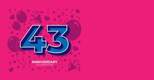 Elegantes puntos rosados y azules 43 años Feliz aniversario o cumpleaños Banner vectorial con espacio para copiar