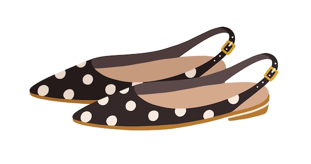 Vector elegantes sandalias de mujer con puntera cerrada y tiras al tobillo con hebilla. calzado de moda de verano o zapatos con estampado de lunares. ilustración de vector plano coloreado aislado sobre fondo blanco.