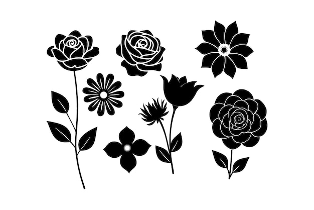 Elegantes siluetas en blanco y negro de varias flores para el diseño