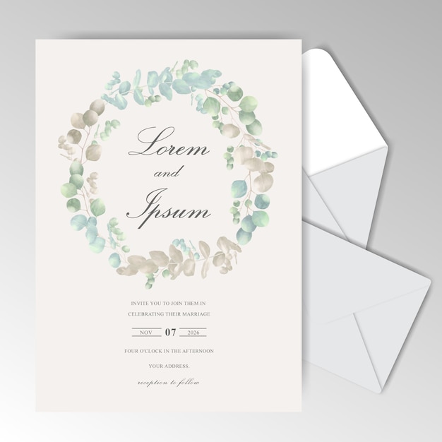 Elegantes tarjetas de invitación de boda en acuarela con hermosos eucaliptos