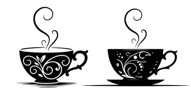 Elegantes tazas de té negras con vapor giratorio
