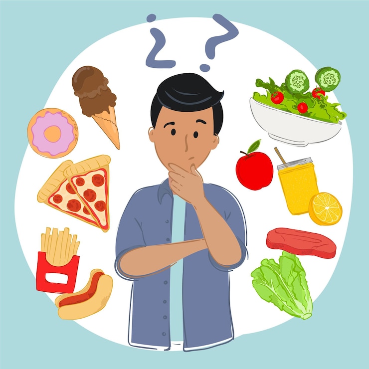Vector elegir entre alimentos saludables o no saludables