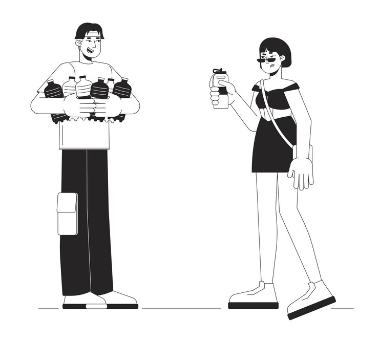 Elegir botellas de agua reutilizables Ilustración plana de dibujos animados en blanco y negro