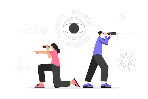 Elegir una dirección para el desarrollo, buscar una idea de negocio, un objetivo futuro. Un hombre con un telescopio en sus manos y una mujer con binoculares miran en busca. Vector ilustraciones planas de moda