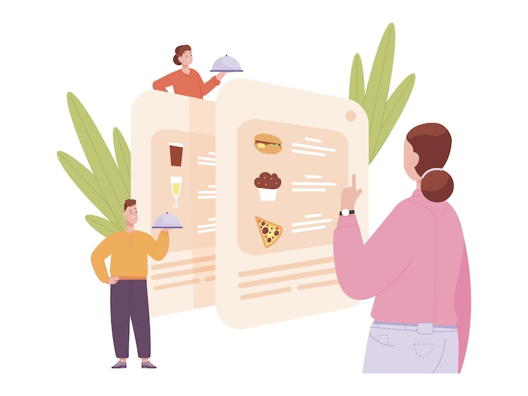 Vector elegir el pedido de comida mujer cliente mira el menú del restaurante tienda en línea pedir y elegir el plato de comer en teléfono inteligente móvil