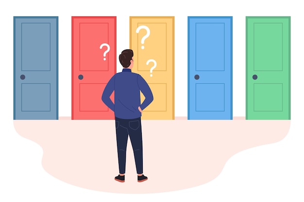 Elegir la puerta derecha Vía de vida Selección de oportunidad Perdido hombre con pregunta Seleccione la ruta en múltiples opciones de carrera Meta elección del estudiante Encuentra la ilustración del vector de decisión