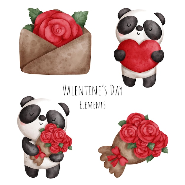 Elemento de acuarela de san valentín con lindo panda.