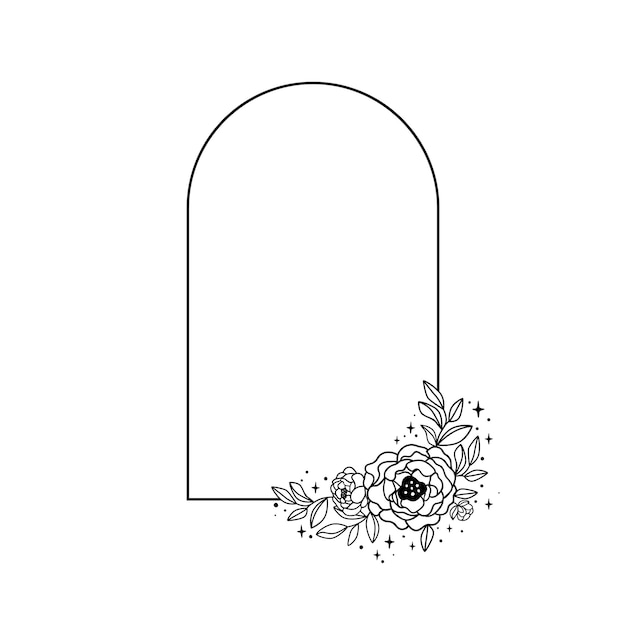 Elemento de arco floral celestial Marco floral en blanco y negro con peonías estrellas Línea arte flor boho vector botánico