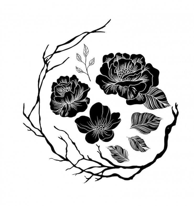 Vector elemento de arreglos florales en blanco y negro.