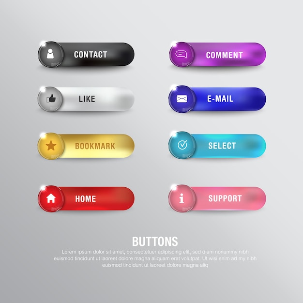 Vector elemento buttonweb set web icono cuadrado brillante