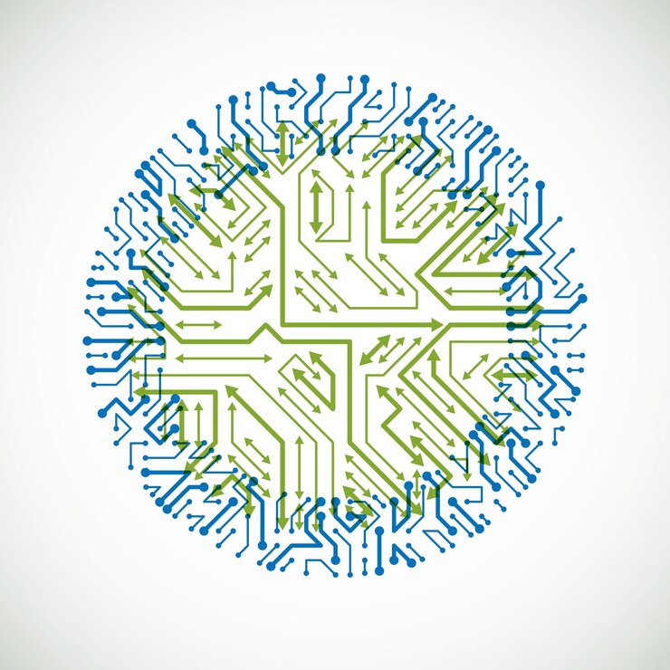 Vector elemento cibernético de comunicación tecnológica con flechas. ilustración abstracta de vector de placa de circuito en forma de círculo.