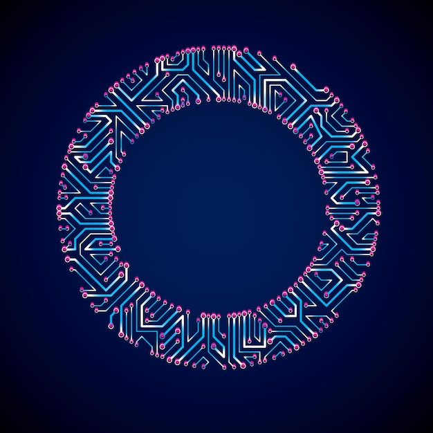 Elemento cibernético luminiscente de comunicación tecnológica. Ilustración abstracta de vector de placa de circuito de neón en forma de círculo con efecto de brillo.