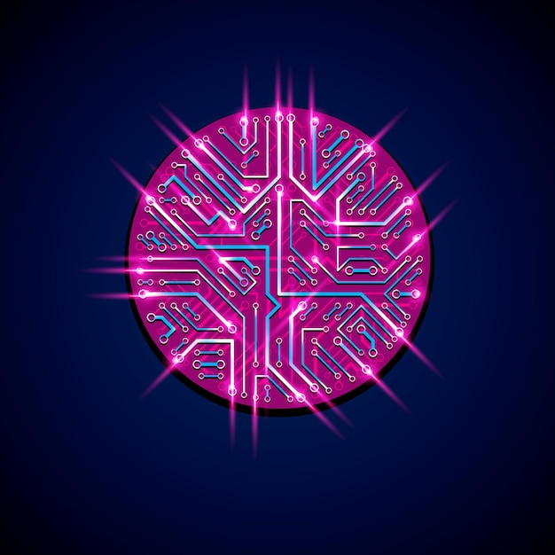 Vector elemento cibernético luminiscente de comunicación tecnológica. ilustración abstracta de vector de placa de circuito de neón en forma de círculo con efecto de brillo.