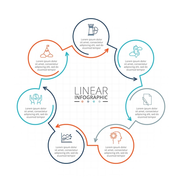 Elemento de ciclo de línea delgada para plantilla infográfica para diagrama con 7 opciones, partes o pasos