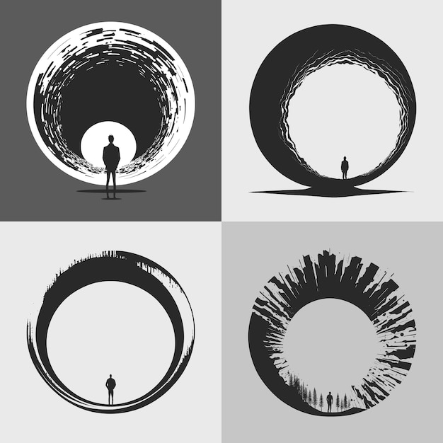 Elemento circular grande abstracto o ilustración vectorial en blanco y negro de encuadre