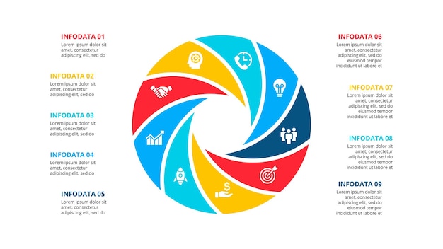 Vector elemento circular para infografía con 9 opciones de partes o pasos plantilla para diagrama de ciclo