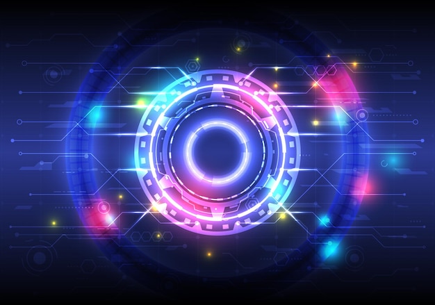 Elemento de círculo HUD brillante de SciFi futurista Fondo abstracto de alta tecnología Holograma de la interfaz de visualización frontal Tecnología de realidad virtual del ingeniero informático Cibernético digital colorido