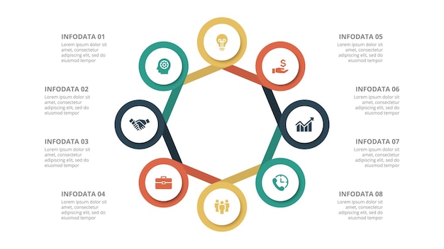 Elemento de círculo plano para infografía con 8 pasos plantilla para presentación de diagrama de ciclo y gráfico
