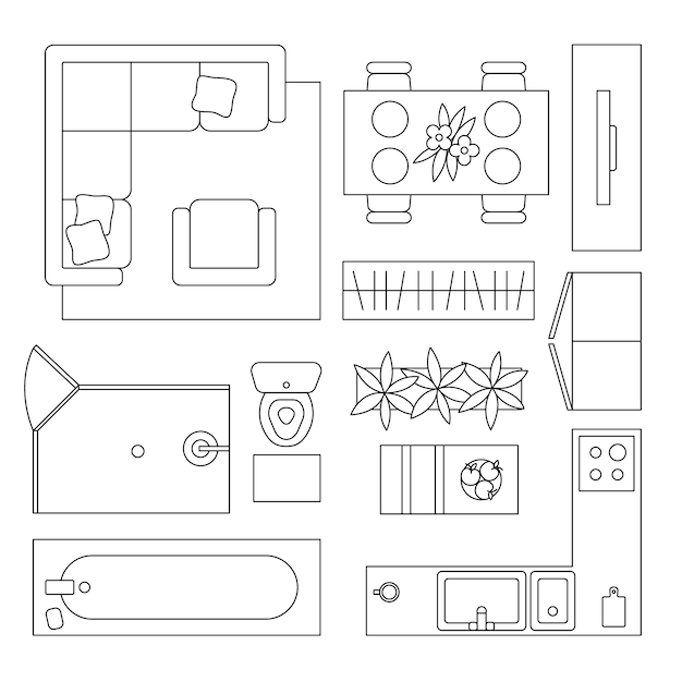 Elemento de colección de muebles de planta dibujado a mano