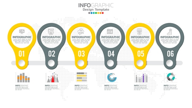 Elemento de color amarillo de 6 pasos de infograph con diagrama de gráfico gráfico, diseño de gráfico de negocio.