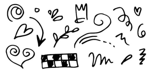 Elemento de conjunto dibujado a mano negro sobre fondo blanco corazón luz rey énfasis giratorio para el diseño conceptual