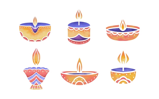 Elemento del conjunto de velas de Diwali de acuarela para el festival de luces de Diwali