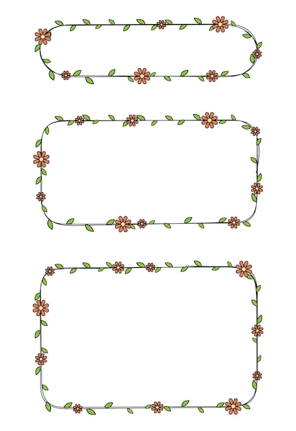 Elemento de decoración de marco rectangular dibujado a mano con flores y hojas conjunto vectorial