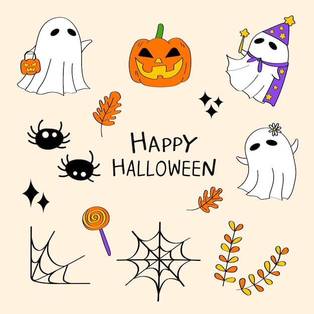 Elemento del día de Halloween feliz dibujado a mano Colección de dibujos animados Araña murciélago de calabaza fantasma