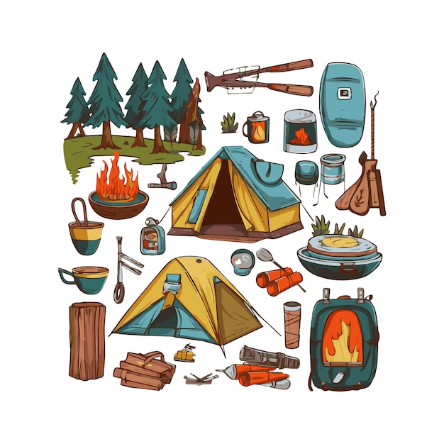 Elemento de dibujos animados de equipo de camping de diseño plano simple aislado fondo blanco para la web de plantilla de fondo