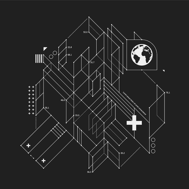 Elemento de diseño abstracto en estilo de borrador sobre fondo negro. Útil para las impresiones del techno y los carteles.