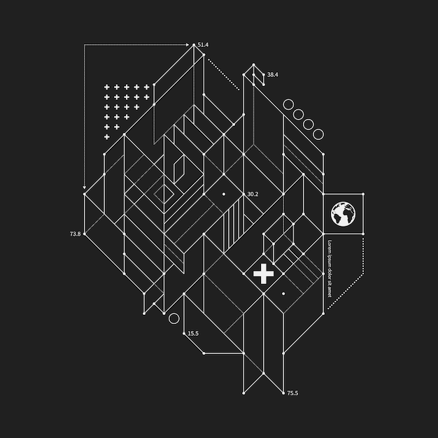 Elemento de diseño abstracto en estilo de borrador sobre fondo negro. Útil para las impresiones del techno y los carteles.