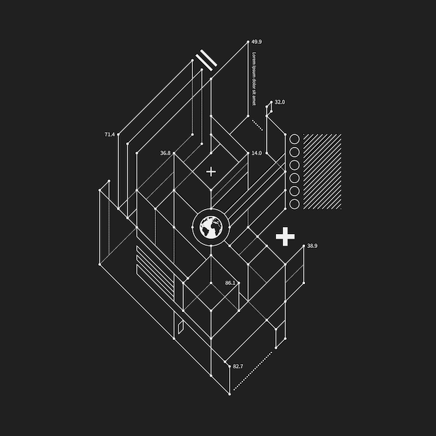 Elemento de diseño abstracto en estilo de borrador sobre fondo negro. Útil para las impresiones del techno y los carteles.