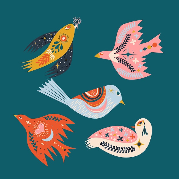 Elemento de diseño de aves y animales de arte popular