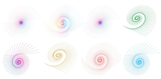 El elemento de diseño del conjunto círculo colores vectoriales en negrita aislados anillo dorado de rayas onduladas de brillo abstracto de muchos remolinos brillantes creados usando Blend Tool Ilustración vectorial EPS10 para su presentación