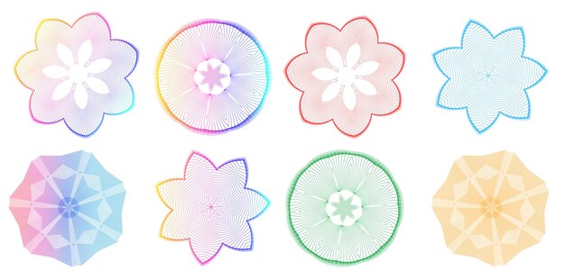 El elemento de diseño del conjunto círculo colores vectoriales en negrita aislados anillo dorado de rayas onduladas de brillo abstracto de muchos remolinos brillantes creados usando Blend Tool Ilustración vectorial EPS10 para su presentación