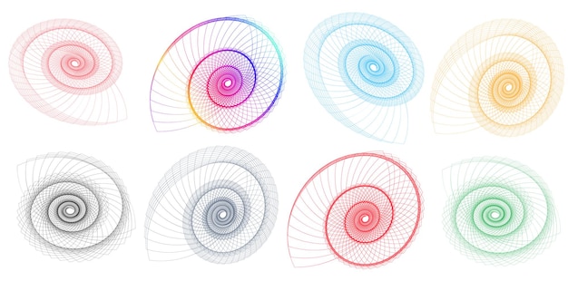 El elemento de diseño del conjunto círculo colores vectoriales en negrita aislados anillo dorado de rayas onduladas de brillo abstracto de muchos remolinos brillantes creados usando Blend Tool Ilustración vectorial EPS10 para su presentación