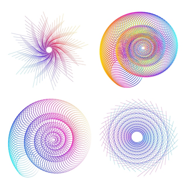 El elemento de diseño del conjunto círculo colores vectoriales en negrita aislados anillo dorado de rayas onduladas de brillo abstracto de muchos remolinos brillantes creados usando Blend Tool Ilustración vectorial EPS10 para su presentación