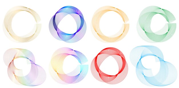 El elemento de diseño del conjunto círculo colores vectoriales en negrita aislados anillo dorado de rayas onduladas de brillo abstracto de muchos remolinos brillantes creados usando Blend Tool Ilustración vectorial EPS10 para su presentación