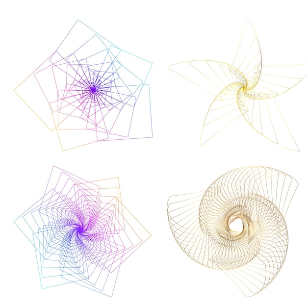El elemento de diseño del conjunto círculo colores vectoriales en negrita aislados anillo dorado de rayas onduladas de brillo abstracto de muchos remolinos brillantes creados usando Blend Tool Ilustración vectorial EPS10 para su presentación