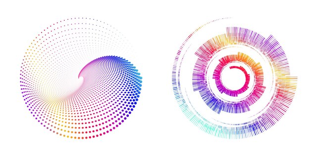 El elemento de diseño del conjunto círculo colores vectoriales en negrita aislados anillo dorado de rayas onduladas de brillo abstracto de muchos remolinos brillantes creados usando Blend Tool Ilustración vectorial EPS10 para su presentación