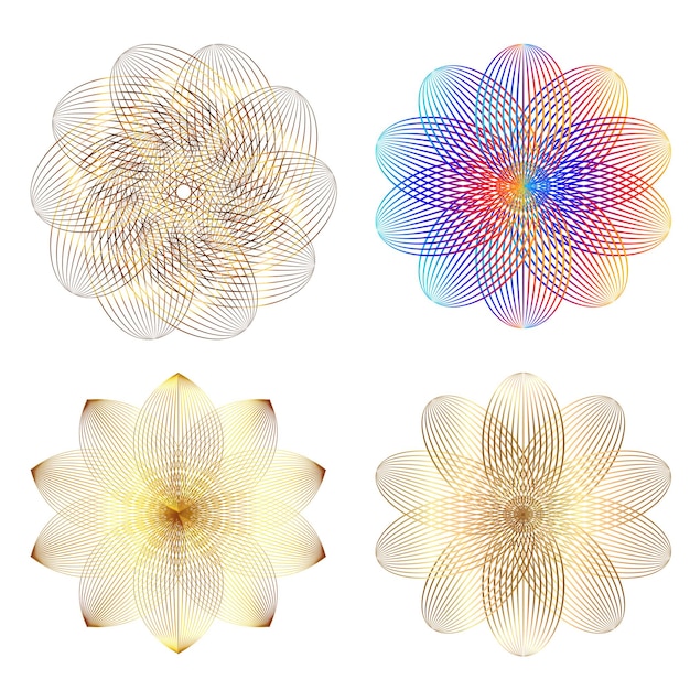 El elemento de diseño del conjunto círculo colores vectoriales en negrita aislados anillo dorado de rayas onduladas de brillo abstracto de muchos remolinos brillantes creados usando Blend Tool Ilustración vectorial EPS10 para su presentación