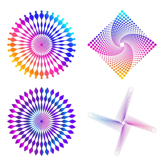El elemento de diseño del conjunto círculo colores vectoriales en negrita aislados anillo dorado de rayas onduladas de brillo abstracto de muchos remolinos brillantes creados usando Blend Tool Ilustración vectorial EPS10 para su presentación