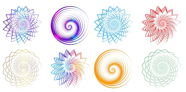 El elemento de diseño del conjunto círculo colores vectoriales en negrita aislados anillo dorado de rayas onduladas de brillo abstracto de muchos remolinos brillantes creados usando Blend Tool Ilustración vectorial EPS10 para su presentación