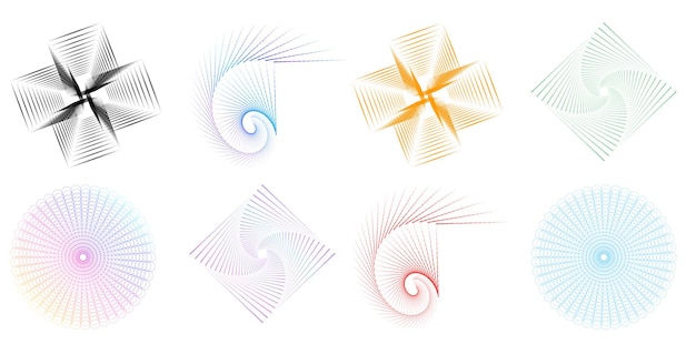 El elemento de diseño del conjunto círculo colores vectoriales en negrita aislados anillo dorado de rayas onduladas de brillo abstracto de muchos remolinos brillantes creados usando Blend Tool Ilustración vectorial EPS10 para su presentación